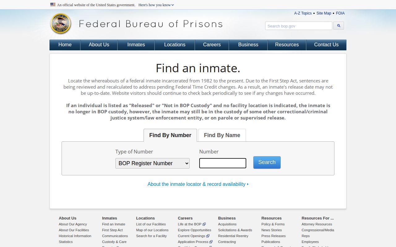 Caribou County federal BOP release search fields and result legend