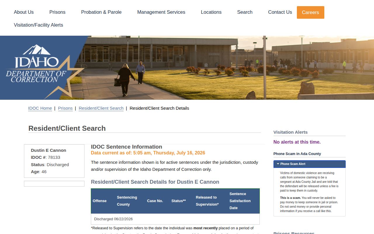 IDOC example record showing community supervision and release fields