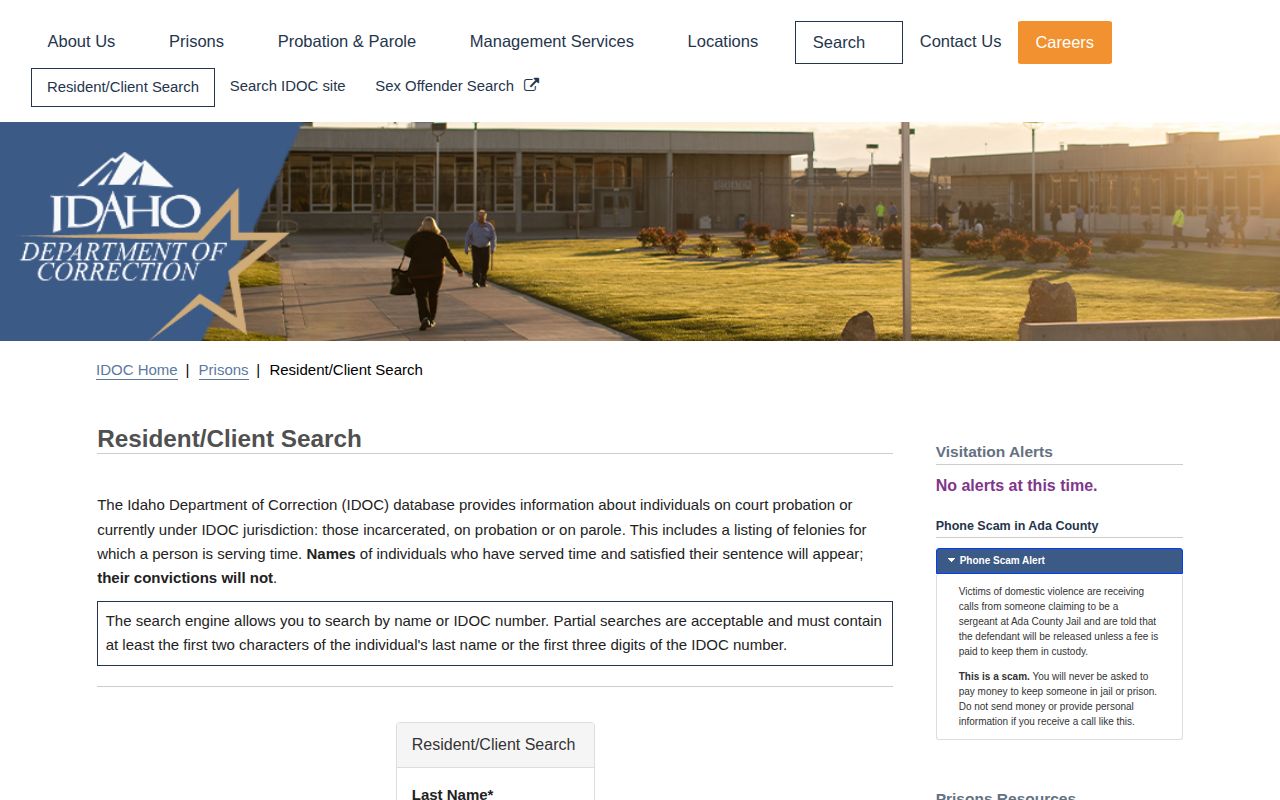 Idaho Department of Correction resident and client search fields
